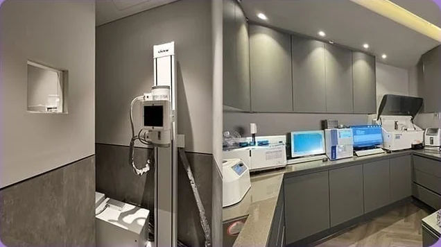 2F Trung tâm kiểm tra ngực — thiết bị xét nghiệm và phòng lab xử lý mẫu