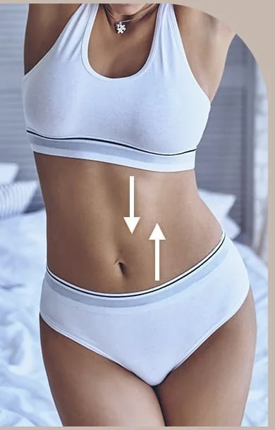 Ảnh vùng bụng với mũi tên lên xuống đánh dấu cố định cơ bụng theo chiều dọc