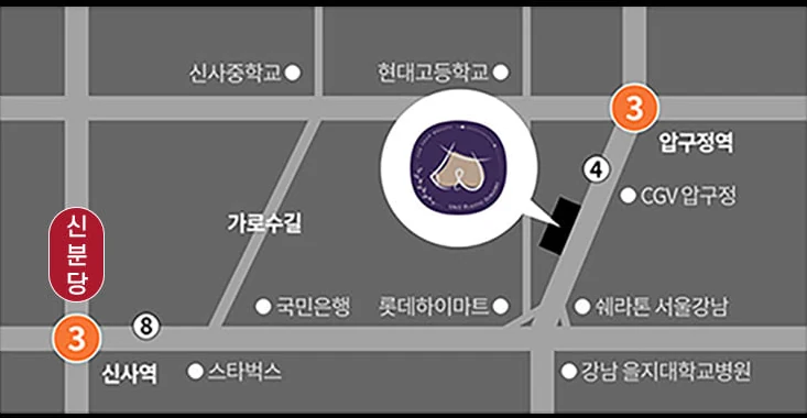 Sơ đồ chỉ đường Phòng khám Phẫu thuật Thẩm mỹ U&U — gần cửa số 4 ga Apgujeong (tuyến số 3)