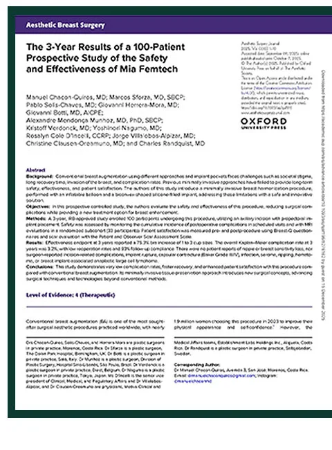 Trang nhất bài báo trên Aesthetic Surgery Journal — The 3-Year Results of a 100-Patient Prospective Study of the Safety and Effectiveness of Mia Femtech